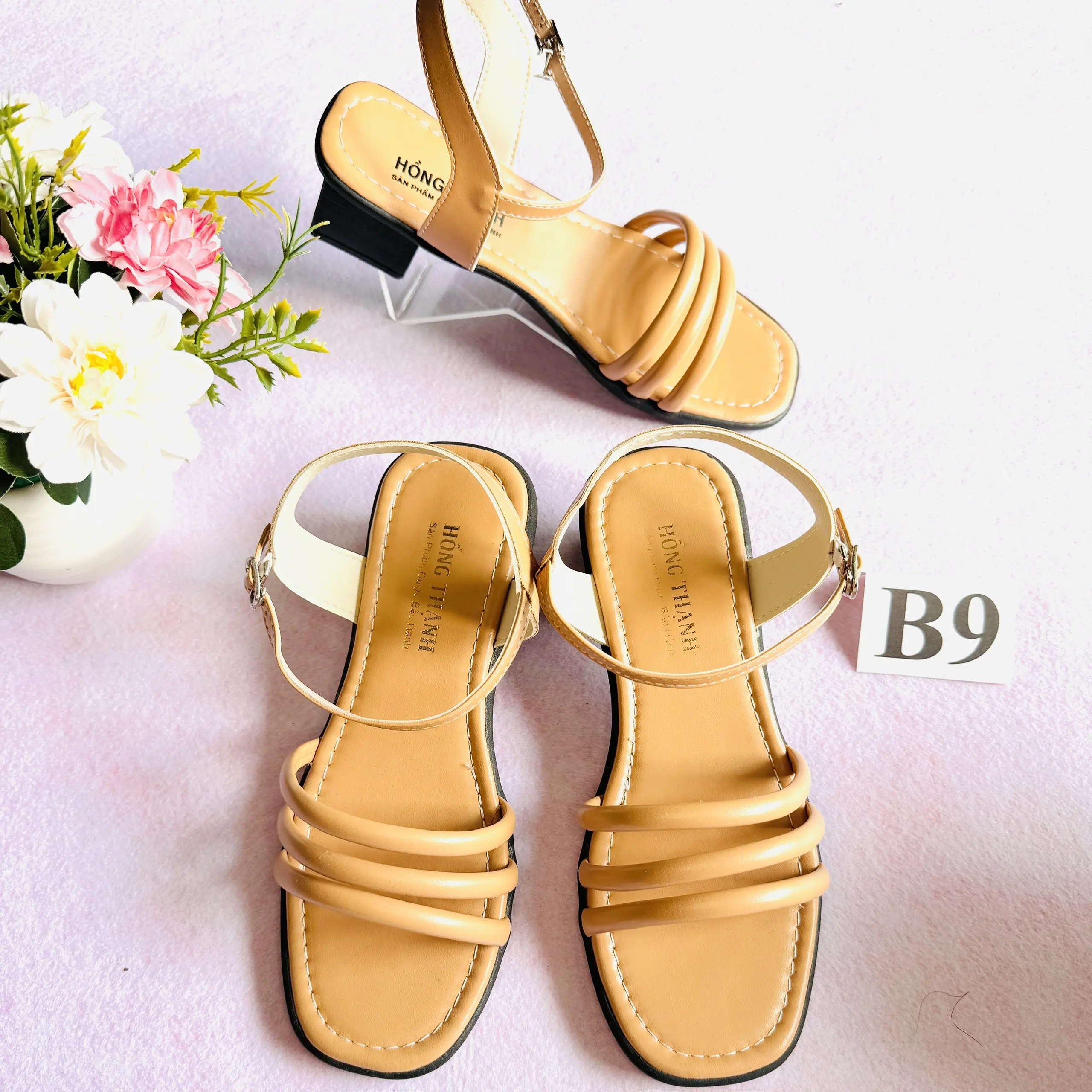 Dép gót 5 phân trẻ - trung niên, đế vuông, mũi hở, rẻ - bền - đẹp, hiệu HT --- B9 (quai hậu vàng kem)