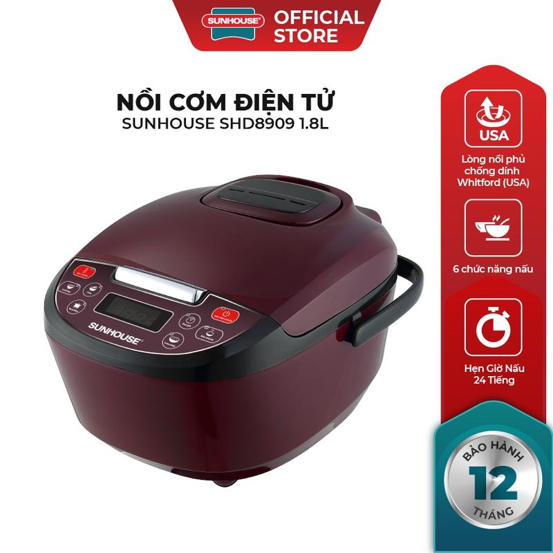 Nồi cơm điện tử 1.8L Sunhouse SHD8909 - Công suất 700W - Ruột nồi 5 lớp, phủ chống dính Whitford an toàn