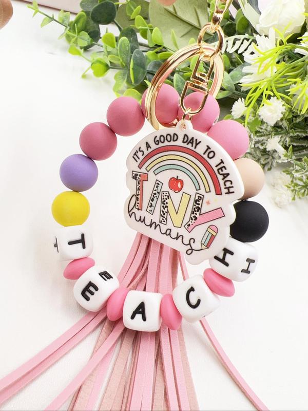 Creative Letter Pattern Tassel Decor Metal Keychain, Beaded Bracelet Decor Key Ring, Fashionable Keychain for Men & Women, Charms, Gifts for Her 2