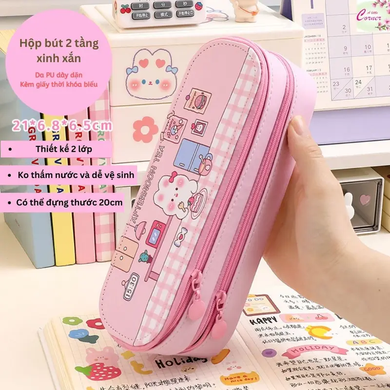 Hộp bút túi đựng bút 2 tầng khóa kéo bé gái bé trai họa tiết xinh xắn 1