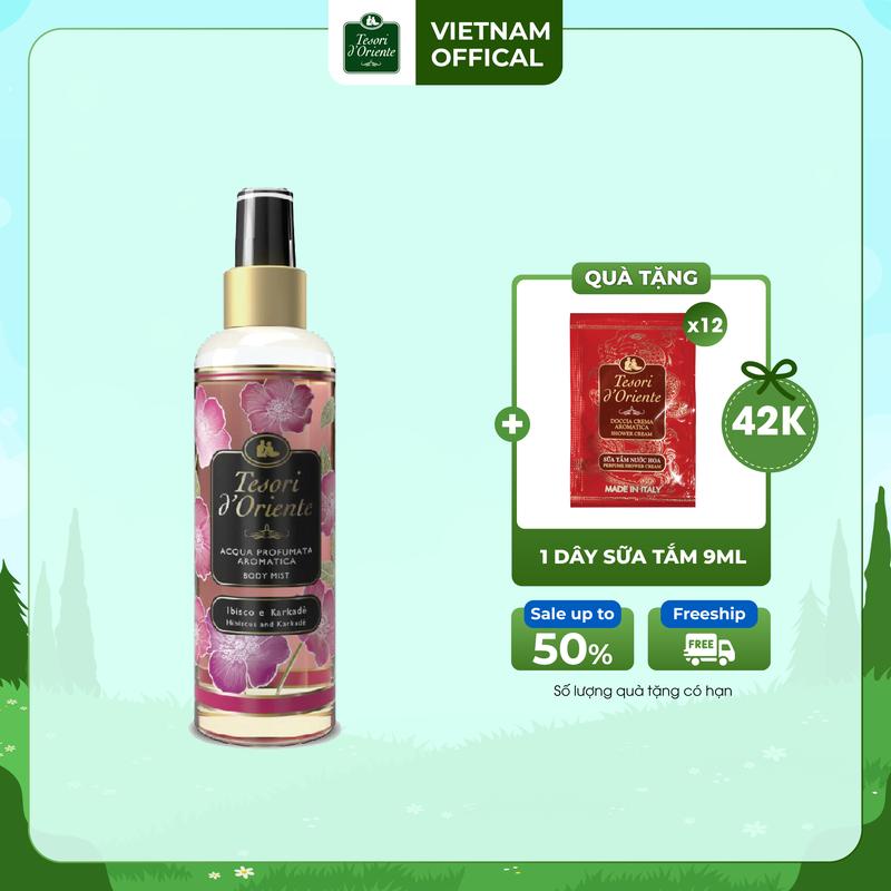 [TẶNG 12 GÓI SỮA TẮM TESORI 9ML] Xịt thơm Bodymist dưỡng ẩm cơ thể Tesori d'Oriente Atiso đỏ và Hoa dâm bụt 200ml