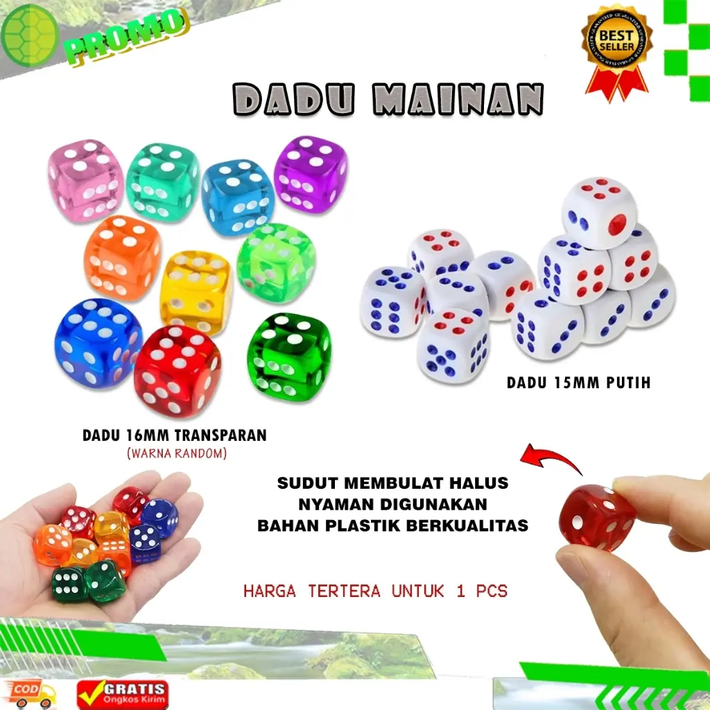 PROMO 1 Pcs Dadu Mainan ular tangga ludo monopoli 15 16 Mm Transparan Glow In The Dark - Dice putih bening Candy Color warna warni 15mm 16mm klik