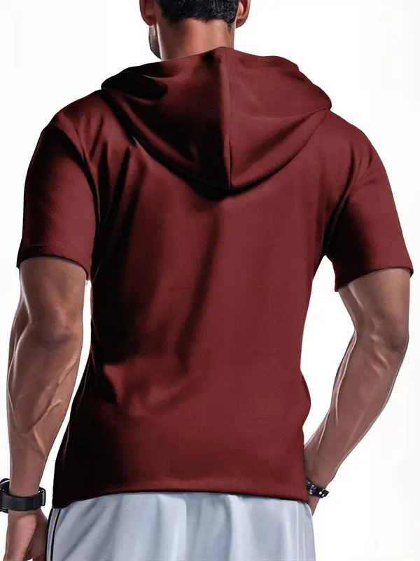 Men's Solid Zip Up Hooded Tee, Regular Fit Casual Breathable Short Sleeve T-shirt for Summer, Men's Top for Daily Wear, Sweatshirts 7