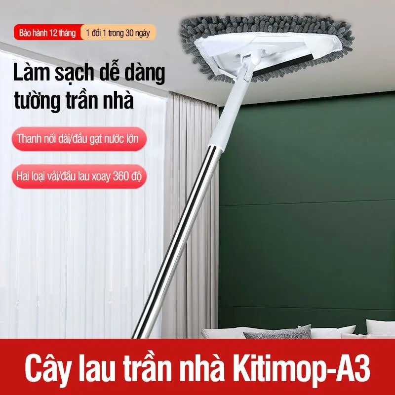 Cây lau trần nhà chổi lau tường, lau kính, lau nhà đa năng xoay 360 độ hình tam giác, cán dài thép không gỉ 1