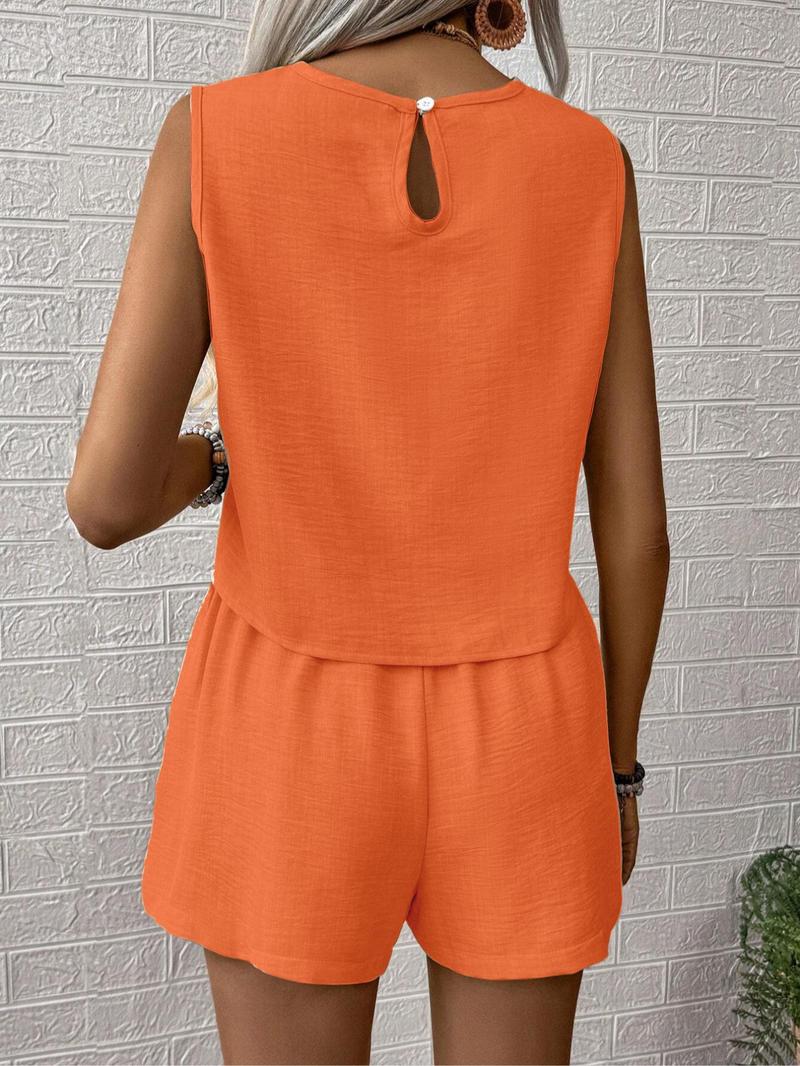 Product Introduction of Women's Solid Color Top & Shorts Two-piece Set, Casual Sleeveless Top & Wide Leg Shorts for Daily Wear, Ladies Two-piece Outfits for All Seasons 8