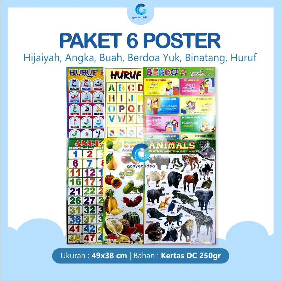 Paket 6 Poster Edukasi Anak Hijaiyah, Angka, Buah, Berdoa Yuk, Binatang, Huruf Belajar Karton Stationery