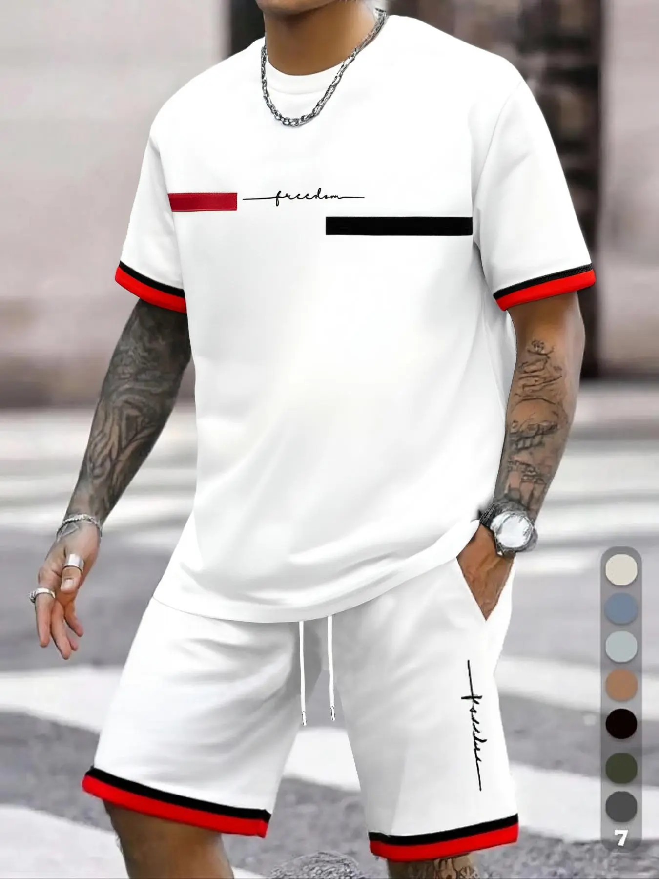 Two-Piece Set Men's Regular Fit Contrast Trim Graphic Tee & Shorts, Crew Neck Short Sleeve T-shirt & Track Shorts, Casual Top & Sweat Shorts, Men's Clothing for Spring & Fall