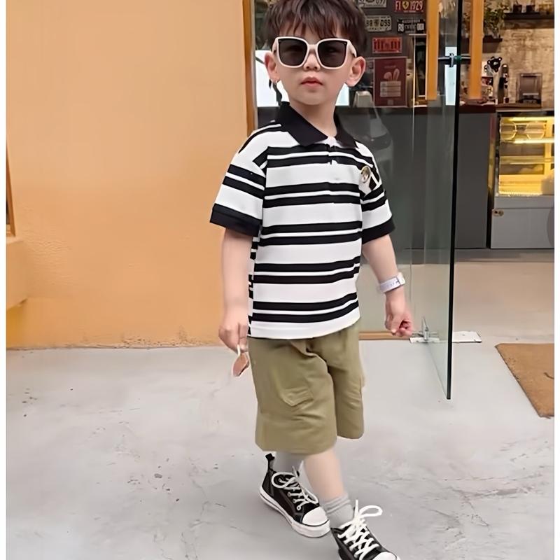 [Kho sỉ mẹ Gạo]Bộ Polo Hè Bé Trai Hè Cộc Tay Kẻ Ngang, Chất Áo Cotton Kẻ Đen Phối Quần Nâu Túi Hộp, Size 8-30kg Cho Bé Trai, Đồ Bộ Bé Trai, Set Bé Trai Hàn Quốc Dễ Thương Vải Cotton Kaki Jean