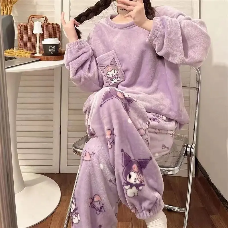 Piyama flanel tebal lengan panjang untuk wanita, gaya Korea, comel, musim sejuk, p11321
