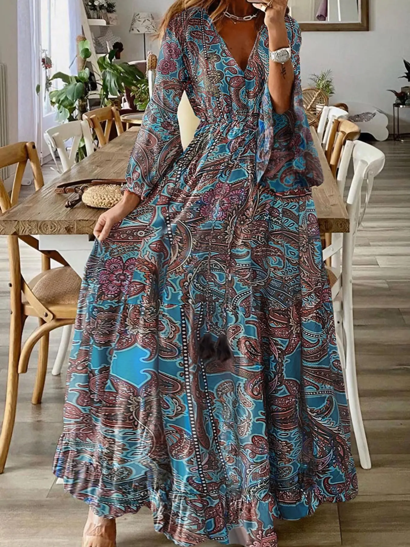 Women's Ethnic Pattern Tie Neck Flounce Sleeve Dress, Boho Paisley Print Long Sleeve A Line Dress for Spring & Fall, Women's Clothing for Beach Holiday Vacation