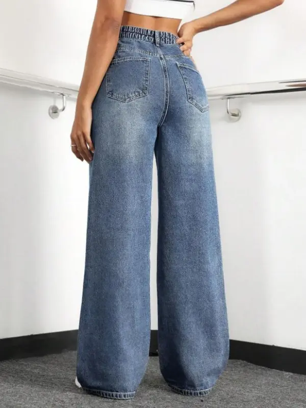 Women's Plain Wide Leg Denim Jeans, Casual Comfy Pocket Button Fly Trousers for Daily Wear, Ladies Bottoms for All Seasons, Pants, High Rise Jeans 1