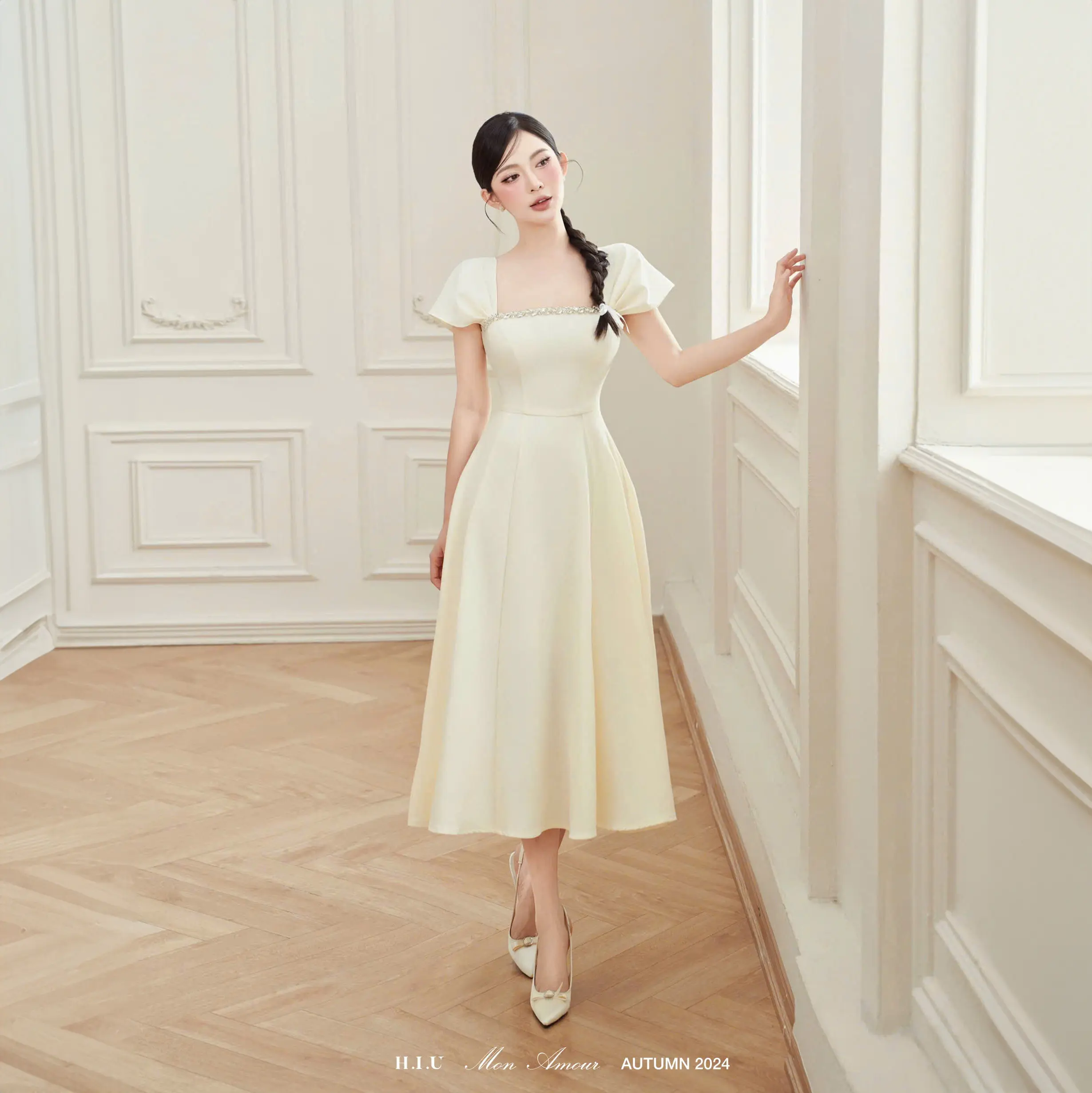 Váy tiệc nữ thiết kế cổ đá Sila vải text hàn cao cấp H.I.U Fashion , đầm dáng dài dày dặn midi sang trọng HIU design