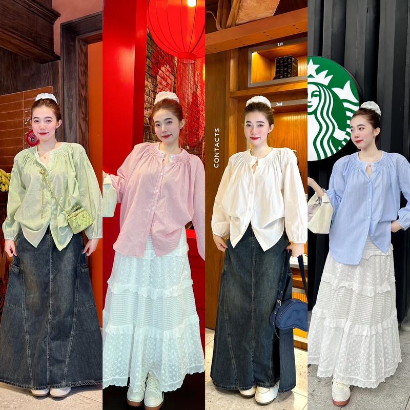 CHUU SHIRT - Áo Sơ Mi Kẻ Sọc Dáng BaBy Doll Rộng Tay Bồng Cổ Tròn Chạy Chun Nữ