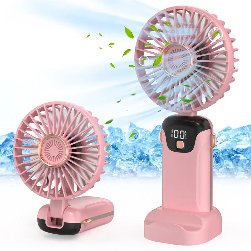 Portable Handheld Fan, USB Rechargeable Fan with LED Display, 90 °   Foldable Desk Fan with Base, 5 Speed Makeup Fan for Women 0