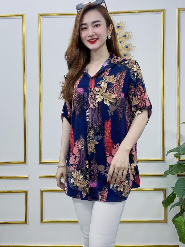 Áo Sơ Mi Họa Tiết Hoa Lá, Thổ Cẩm Trung Niên - Vải Lụa, Size lớn Mã SM19 - Nhà May Trung Niên Nữ Top Women Shirt
