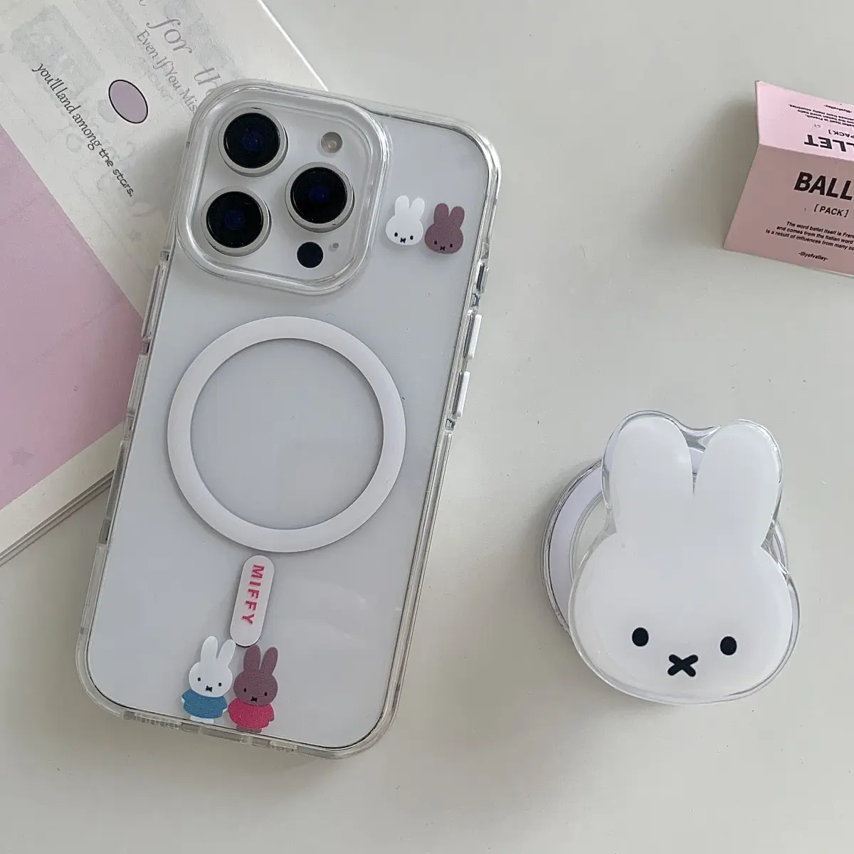 Edge Magnetic Miffy Rabbit Stand iPhone 16/15 Case Compatible with Apple 14/13 Film Hard Case