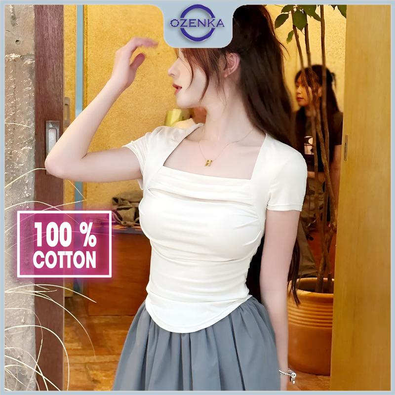 Áo baby tee croptop kiểu cổ vuông vạt bầu ngắn tay nữ ozenka áo crt cotton basic nhẹ nhàng sang chảnh đi học đi chơi Women Thun Kem
