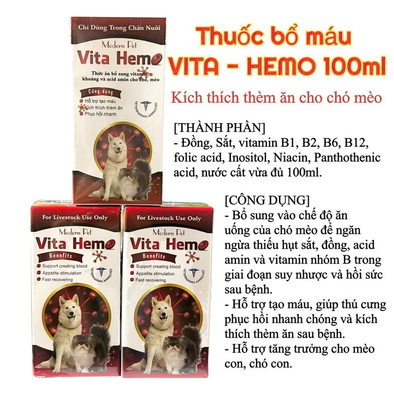  Thuốc sắt hỗ trợ tạo máu kích thích thèm ăn cho chó mèo - Thuốc bổ máu VITA - HEMO 100ml 