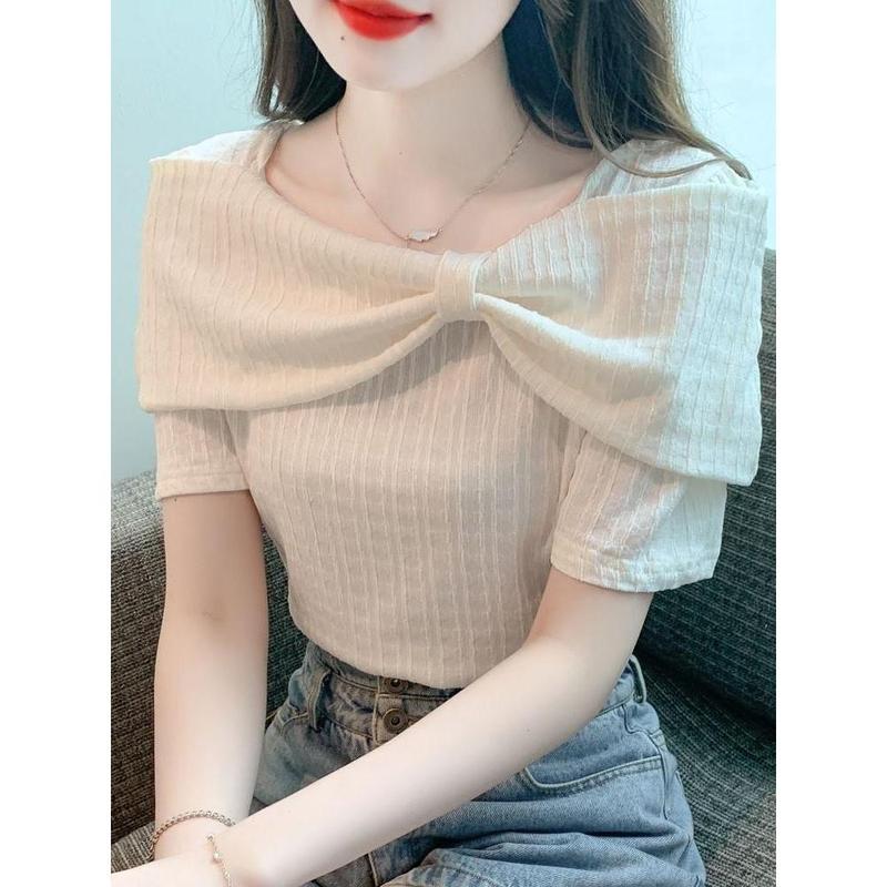 Áo Mùa Hè Cho Nữ, Thiết Kế Thắt Nơ Trễ Vai, Áo Voan, Sang Trọng Và Thanh Lịch, Áo Sơ Mi Ngắn Tay, Thiết Kế Đẹp, Cỡ Nhỏ 0