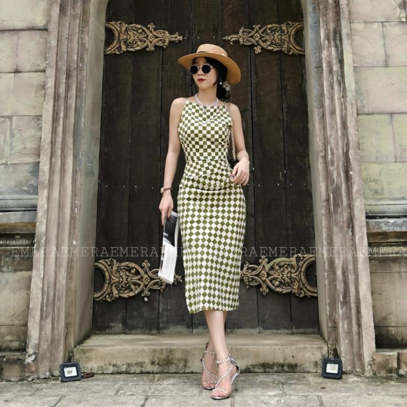 Váy Fleur Caro Xanh sang trọng  -  váy hoa nhí ôm dáng xè tà có xếp ly che bụng Nữ Voan Voi Women Dress