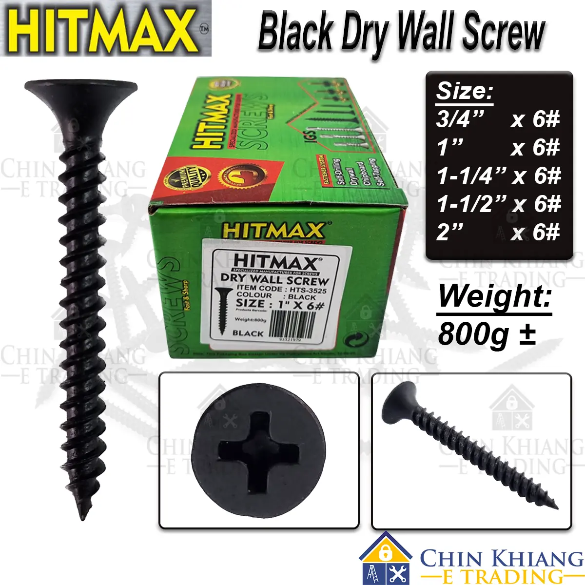 [3/4" - 3"] Hitmax Black Dry Wall Screw Black Screw  Counter Sunk Flat Head Drywall Skru Hitam 6# 8# 800g