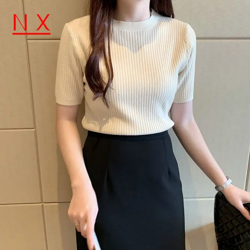 Áo Thun Ngắn Tay Cổ Tròn Cho Nữ, Áo Len Mỏng Và Mỏng 1