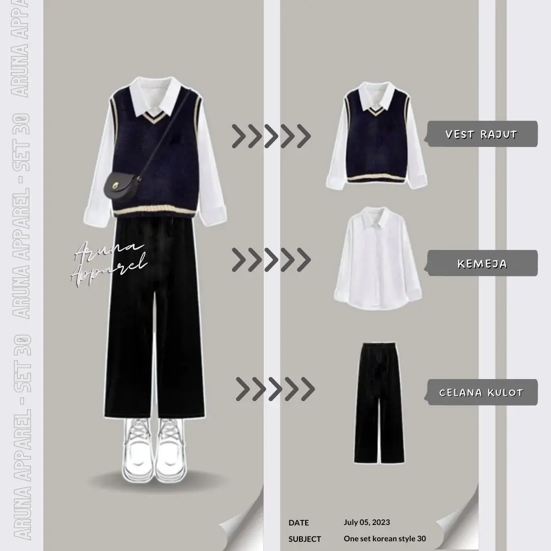 Setelan One Set 3in1 outfit // Mamba Outfit, Ootd, style, vest ( Set 30 ) Celana Fit Hitam Kulot Putih Scuba
