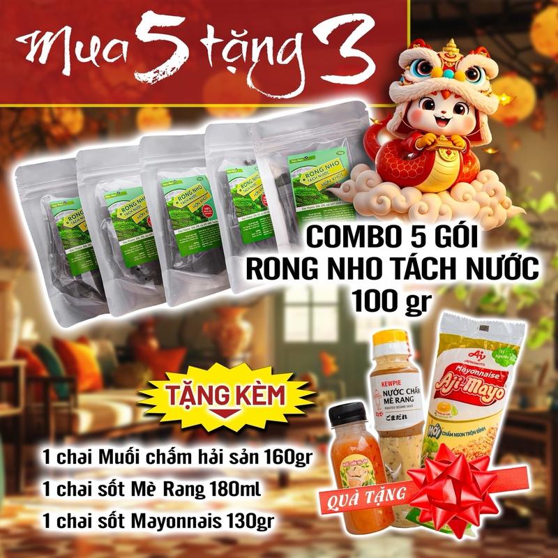  Combo Rong nho tách nước Hòn Khói 5 gói 100gr - Tặng kèm 1 chai mè rang 180ml 1 chai sốt maiyone 130g 1 chai chấm hải sản 160g - Ăn Vặt Snack biển xanh 