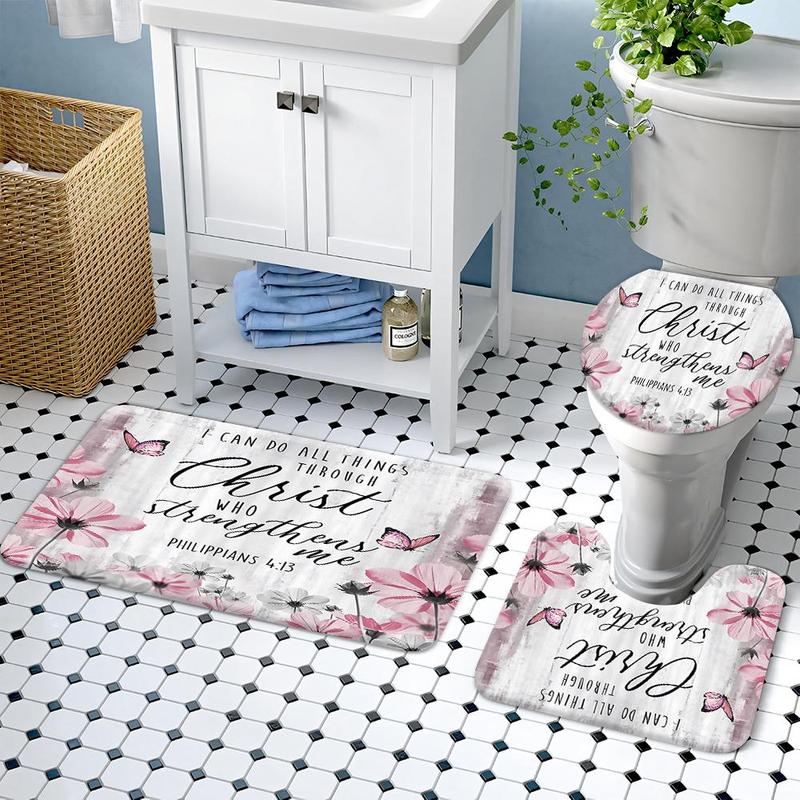 Product Introduction of Floral Pattern Bathroom Set, 1 Shower Curtain & 1 Bath Mat & 1 U-shaped Rug & 1 Toilet Lid Cover, Bathroom Accessories for Home Decor 7