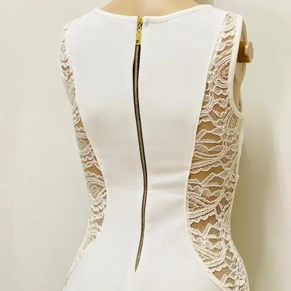 slim fit dress slacks Prada White & Gold-Tone Eyelet Zip-Back Shift Dress – Vintage by Misty