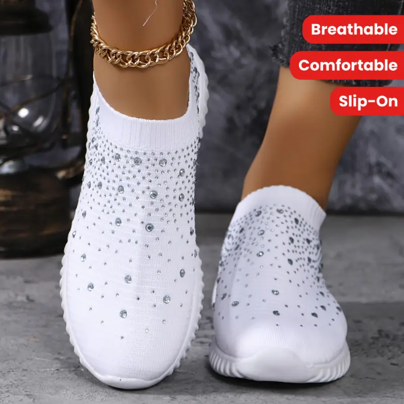 Breathable Fabric Comfortable Walking Sneakers - Women's Casual Shoes With Rhinestone Decor - Slip-on Trainer Footwear With Chunky Sole