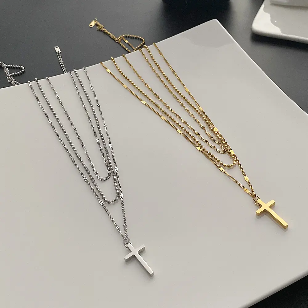 Titanium steel three-layer cross necklace female niche design advanced collarbone chain