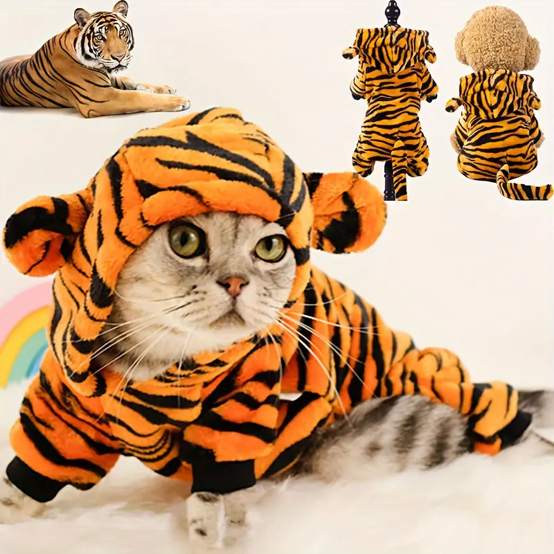 [Winter Fantasy Tiger Costume] Tiger Costume for Cats and Small Dogs - Animal Patterned Pullover with Fill, Fantasy Themed Knit Fabric, Hand Wash Only - Winter and Autumn Apparel for Poodles, Bulldogs, Corgis