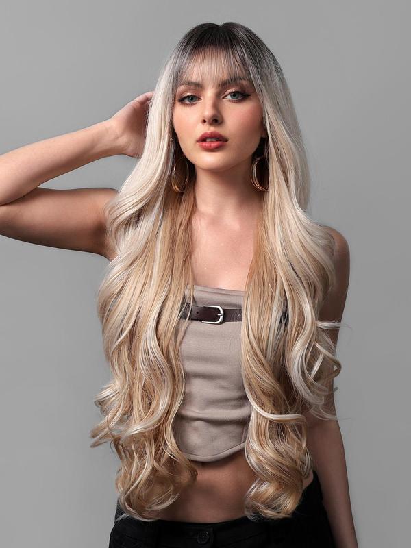 30 Inch Long Ombre Blonde Wavy Wigs for Women, Gorgeous Fluffy Wigs with Bangs, Synthetic Full Machine Wigs for Party, Daily Use 0