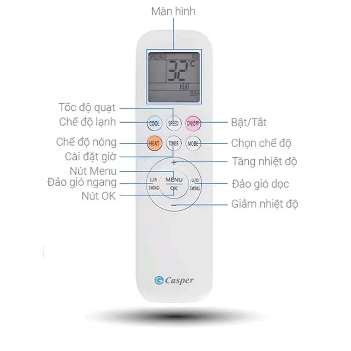 điều khiển điều hòa casper có 3 nút xanh tím cam dành cho 1 hay 2 chiều
