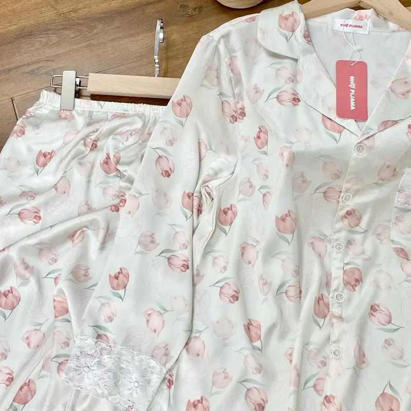 M114 NHỌ PYJAMAS Bộ mặc nhà HOA TRÀ XANH phối ren tiểu thư sang chảnh 1