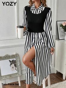YOZY Women's Striped Print Button Front Dress & Top Two-Piece Set, Casual Fashion Cozy Two Piece Outfits for Daily Outdoor Wear, Women Clothes for Spring Fall