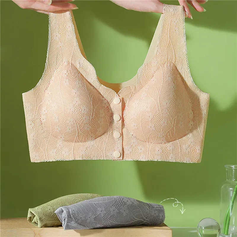 Ageless Large Size Thin Front Button Bra Solid Color Casual Breathable Women'S Thin Lace Wireless Vest Bras