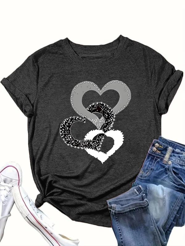 【Plus Size】Heart Print Round Neck Tee, Fashion Casual Short Sleeve T-shirt for Daily Outdoor Wear, Women Plus Clothing for All Seasons 2