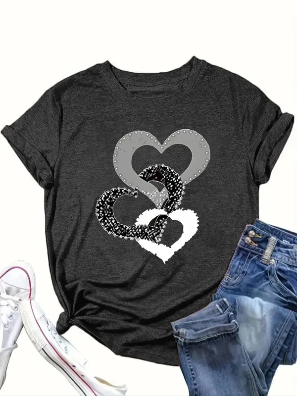 【Plus Size】Heart Print Round Neck Tee, Fashion Casual Short Sleeve T-shirt for Daily Outdoor Wear, Women Plus Clothing for All Seasons 2
