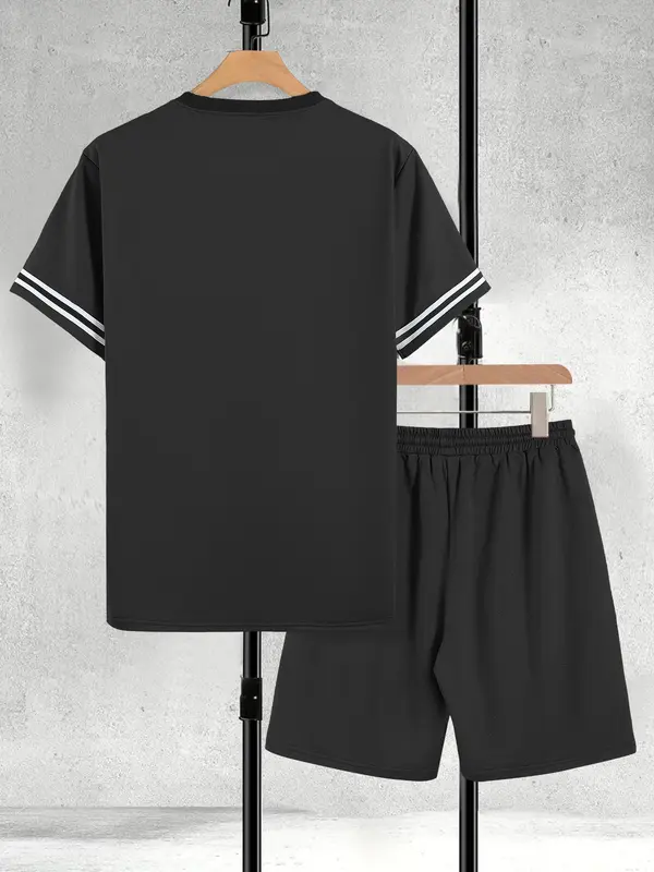 Classy Two Piece Sets Men's Contrast Binding Tee & Drawstring Waist Shorts Set, Casual Short Sleeve Round Neck T-shirt & Pocket Track Shorts, Autumn Outfits, Menswear, Posh Men's Clothes, College Outfits UK, Balkan School Outfits, Outfit Sets for Men 7