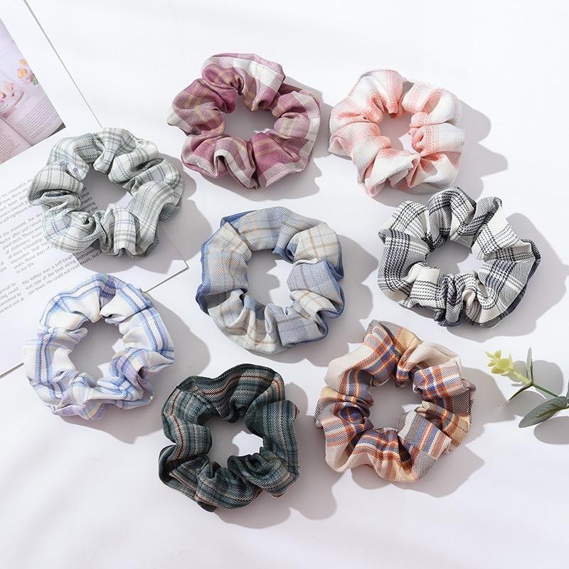 Scrunchie Retro Ikat Rambut Plaid Vintage Retro Hijab Wanita Korea Import 4