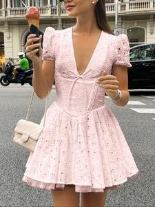 Women's Deep  V Neck Bubble Sleeve Dress, Casual Short Sleeve A Line Dress for Summer, Ladies Clothes for Daily Wear