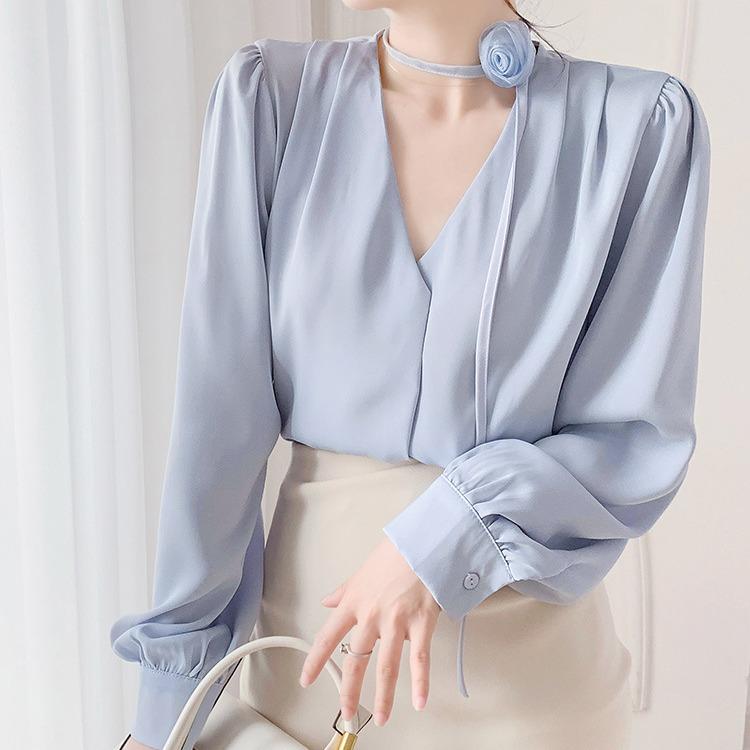 Áo sơ mi cổ V phụ kiện hoa chất lụa cao cấp Oxatyl A457 phong cách thời trang trẻ trung 2023