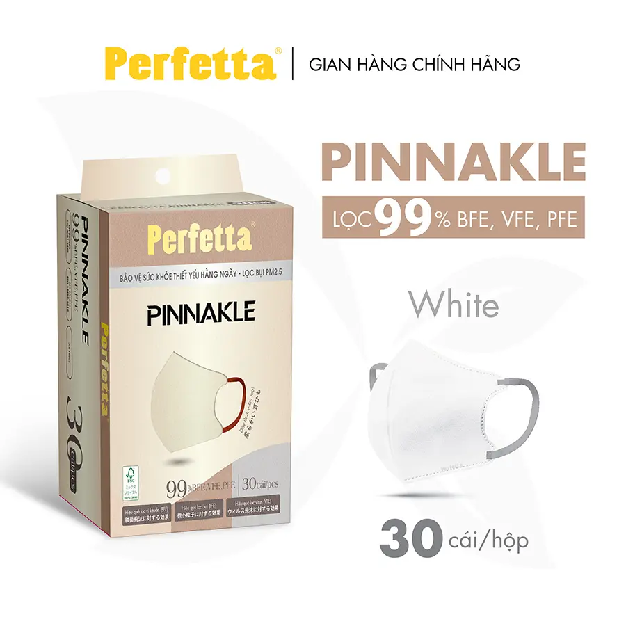 Khẩu Trang Cao Cấp Perfetta Pinnakle, 3 Lớp Kháng Khuẩn, Quai Đeo Thun Bông, Lớp Trong Mềm Mịn (30 cái/hộp)