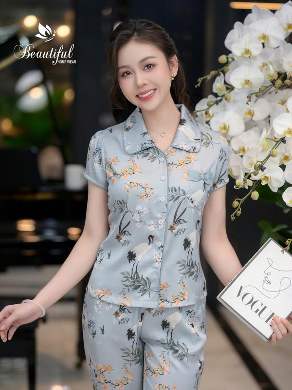 Đồ bộ nữ mặc nhà Y658C Lụa satin quần dài XANH con hạc cổ sen vòng sau 3