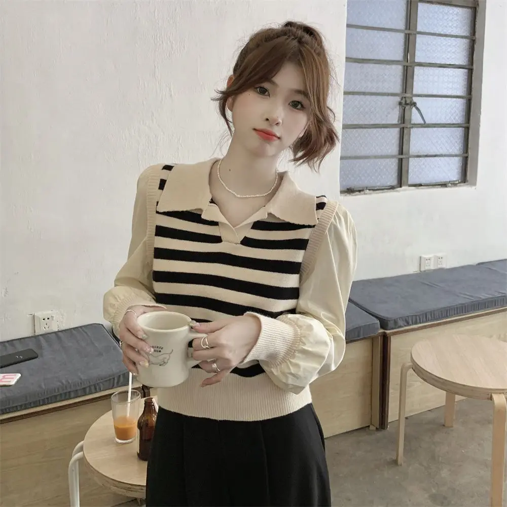 Áo Len Dệt Kim, Dài Tay, Hàng Mới Về Mùa Thu 2024, Thời Trang, Sọc Chắp Vá, Cổ Polo Thanh Lịch Của Phụ Nữ, Hai Mảnh Giả, Áo Chui Đầu