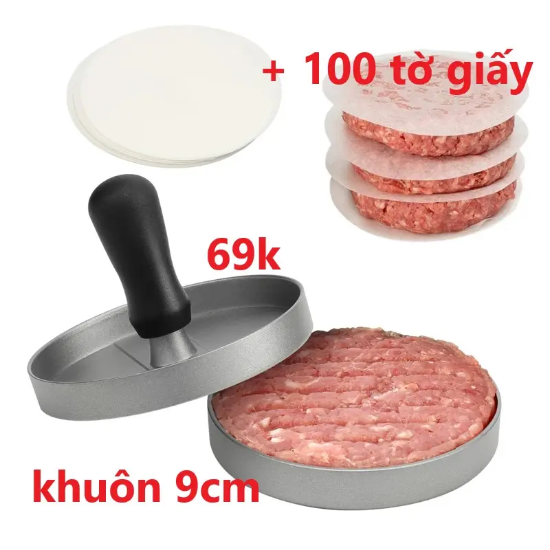 Khuôn Nhôm Tròn 9 cm Ép Thịt Làm Nhân Hamburger Ép Cơm, Xôi..Đa Dụng + 100 Tờ Giấy PVN4790