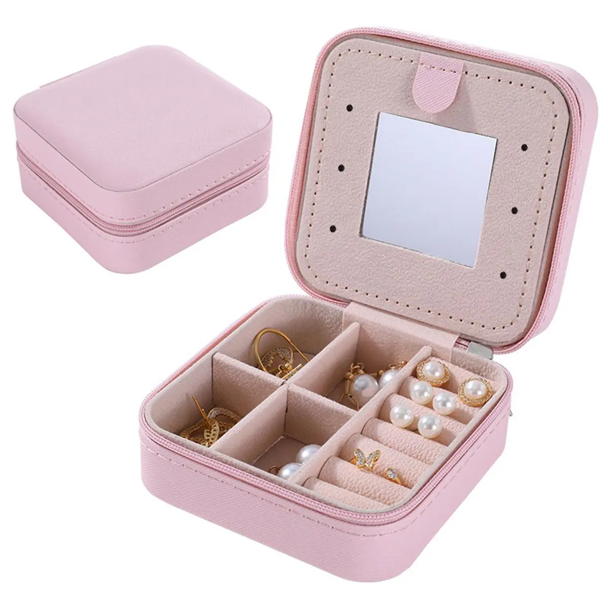 PU Leather Jewelry Storage Box, 1 Count Multi-grid Jewelry Organizer with Mirror, Mirror Jewelry Cabinet, Portable Jewelry Box for Home Travel