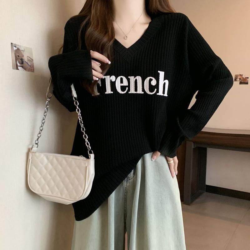 Product Introduction of Áo Thun Dài Tay Dáng Rộng Cổ Chữ V, Cỡ Lớn, Phong Cách Lười Biếng, Quần Áo Nữ, Phong Cách Mới Đầu Thu, Che Thịt, Dễ Phối Đồ, Áo Thường Ngày Dài Trung Bình Thời Trang 24